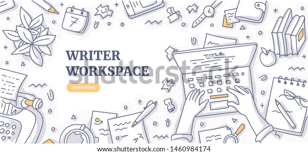 Writer editor journalist or copywriter
workspace. Hands of man who types text on laptop. Creative desktop
top view. Typewriter, papers, diary, coffee mug, crumpled paper.
Flat lay doodle
illustration