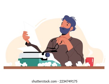 Writer, Editor Male Character Reading Text Sitting at Table with Typewriter, Coffee Cup and Crumpled Papers Scatter around. Creative Author Sitting at Workplace. Cartoon People Vector Illustration