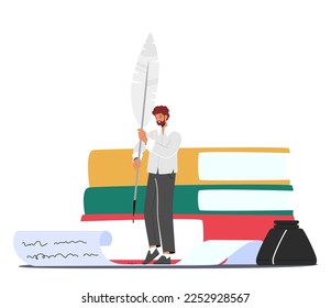 Writer, Editor Male Character Writing Text with Huge Vintage Feather Pen on Paper Scroll with Pile of Books nearby. Creative Inspired Author at Workplace. Cartoon People Vector Illustration