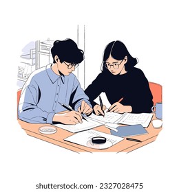 A writer and an editor reviewing a manuscript in a cozy bookstore café vector illustration