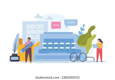 Writer flat composition of typewriter icon with paper sheets thought bubbles ink well and human characters vector illustration