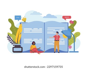 Writer flat composition with view of open book with lamp ink well thought bubbles and people vector illustration