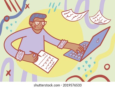 A writer with glasses writes on a laptop and a piece of paper