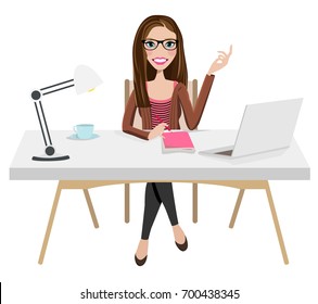 Writer Home Office Blogger Work from Home Desk Laptop Creative Journalist Copywriter Brunette Glasses Female Woman Girl Character Design Logo Illustration Avatar Student Sitting Coffee Vector Graphic