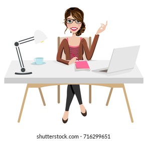 Writer Home Office Blogger Work from Home Desk Laptop Creative Journalist Copywriter Brunette Glasses Female Woman Girl Character Design Logo Illustration Avatar Student Sitting Coffee Vector Graphic