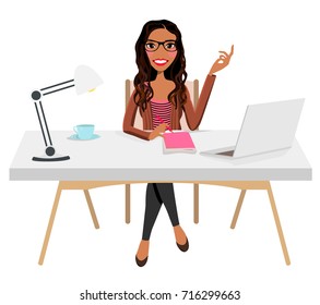 Writer Home Office Blogger Work from Home Desk Laptop Creative Journalist Copywriter Brunette Glasses Female Woman Girl Character Design Logo Illustration Avatar Student Sitting Coffee Vector Graphic