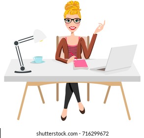 Writer Home Office Blogger Work from Home Desk Laptop Creative Journalist Copywriter Brunette Glasses Female Woman Girl Character Design Logo Illustration Avatar Student Sitting Coffee Vector Graphic