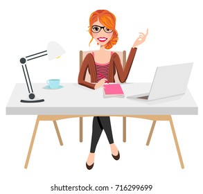Writer Home Office Blogger Work from Home Desk Laptop Creative Journalist Copywriter Brunette Glasses Female Woman Girl Character Design Logo Illustration Avatar Student Sitting Coffee Vector Graphic