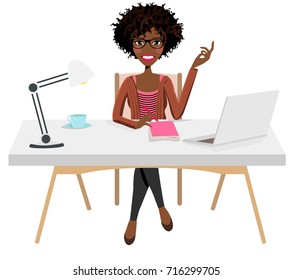 Writer Home Office Blogger Work from Home Desk Laptop Creative Journalist Copywriter Brunette Glasses Female Woman Girl Character Design Logo Illustration Avatar Student Sitting Coffee Vector Graphic