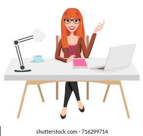 Writer Home Office Blogger Work from Home Desk Laptop Creative Journalist Copywriter Brunette Glasses Female Woman Girl Character Design Logo Illustration Avatar Student Sitting Coffee Vector Graphic