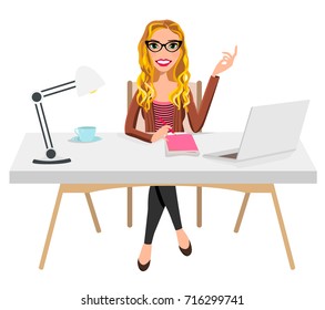 Writer Home Office Blogger Work from Home Desk Laptop Creative Journalist Copywriter Brunette Glasses Female Woman Girl Character Design Logo Illustration Avatar Student Sitting Coffee Vector Graphic