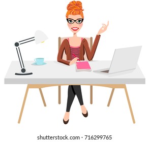 Writer Home Office Blogger Work from Home Desk Laptop Creative Journalist Copywriter Brunette Glasses Female Woman Girl Character Design Logo Illustration Avatar Student Sitting Coffee Vector Graphic