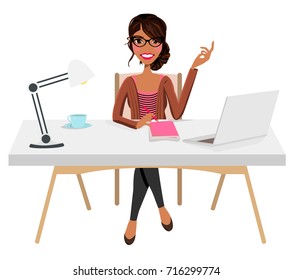Writer Home Office Blogger Work from Home Desk Laptop Creative Journalist Copywriter Brunette Glasses Female Woman Girl Character Design Logo Illustration Avatar Student Sitting Coffee Vector Graphic