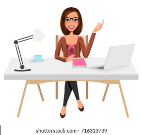 Writer Home Office Blogger Work from Home Desk Laptop Creative Journalist Copywriter Brunette Glasses Female Woman Girl Character Design Logo Illustration Avatar Student Sitting Coffee Vector Graphic