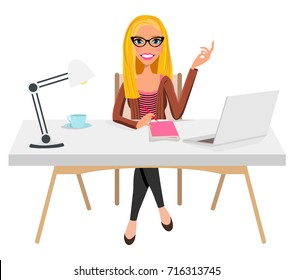 Writer Home Office Blogger Work from Home Desk Laptop Creative Journalist Copywriter Brunette Glasses Female Woman Girl Character Design Logo Illustration Avatar Student Sitting Coffee Vector Graphic