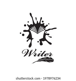 writer icon with book against background of ink blot isolated on white background