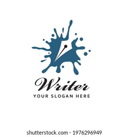 writer icon with feather pen against background of ink blot isolated on white background