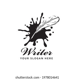 writer icon with feather pen against background of ink blot isolated on white background