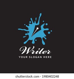 writer icon with feather pen against background of ink blot isolated on black background