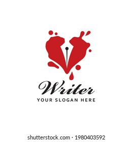 writer icon with feather pen against background of ink blot isolated on white background