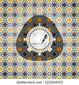 writer icon inside arabic badge. Arabesque decoration.
