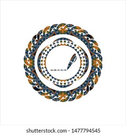 writer icon inside arabic badge background. Arabesque decoration.