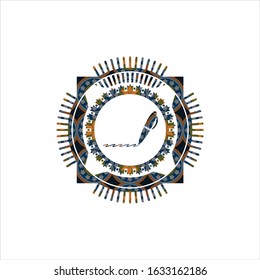 writer icon inside arabic style badge. Arabesque decoration.