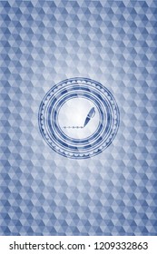 writer icon inside blue emblem with geometric pattern.