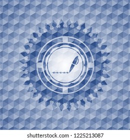 writer icon inside blue emblem with geometric pattern background.