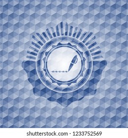 writer icon inside blue emblem with geometric background.