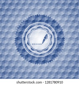 writer icon inside blue emblem or badge with abstract geometric polygonal pattern background.