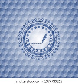 writer icon inside blue emblem with geometric pattern background.