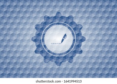 writer icon inside blue emblem with geometric background.