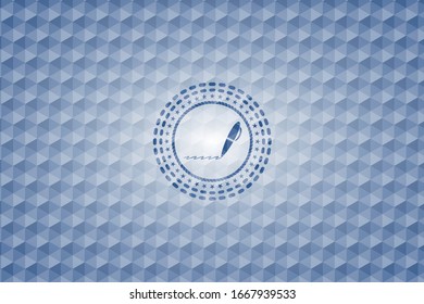 writer icon inside blue emblem with geometric background.
