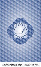 writer icon inside blue emblem with geometric pattern. 