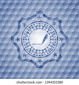 writer icon inside blue hexagon badge.