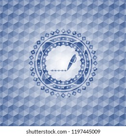 writer icon inside blue polygonal emblem.