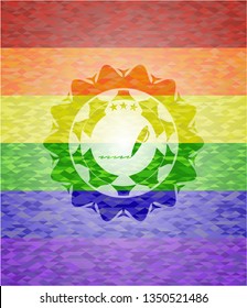 writer icon inside emblem on mosaic background with the colors of the LGBT flag
