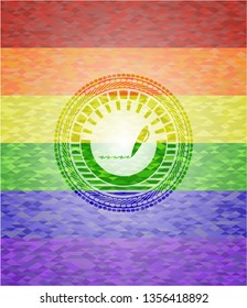 writer icon inside emblem on mosaic background with the colors of the LGBT flag