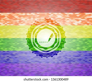 writer icon inside emblem on mosaic background with the colors of the LGBT flag