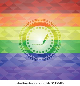writer icon inside emblem on mosaic background with the colors of the LGBT flag