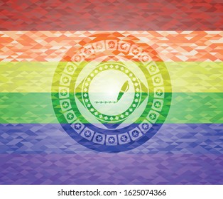 writer icon inside emblem on mosaic background with the colors of the LGBT flag