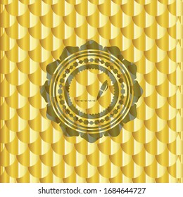 writer icon inside gold emblem or badge. Scales pattern. Vector Illustration. Detailed.
