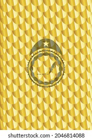 writer icon inside gold emblem or badge. Scales pattern. Vector Illustration. Detailed. 