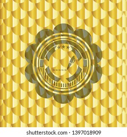 writer icon inside golden emblem or badge. Scales pattern. Vector Illustration. Detailed.