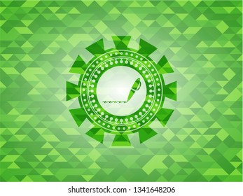 writer icon inside green emblem. Mosaic background