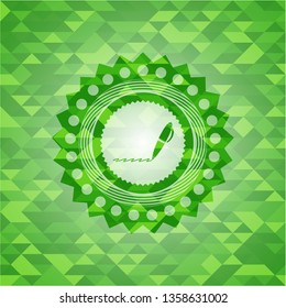 writer icon inside green emblem with triangle mosaic background