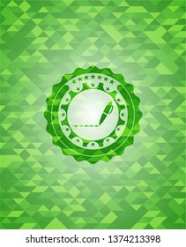 writer icon inside green emblem. Mosaic background