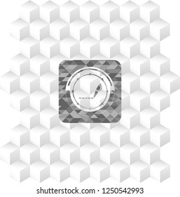 writer icon inside grey badge with geometric cube white background