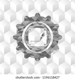 writer icon inside grey emblem with cube white background